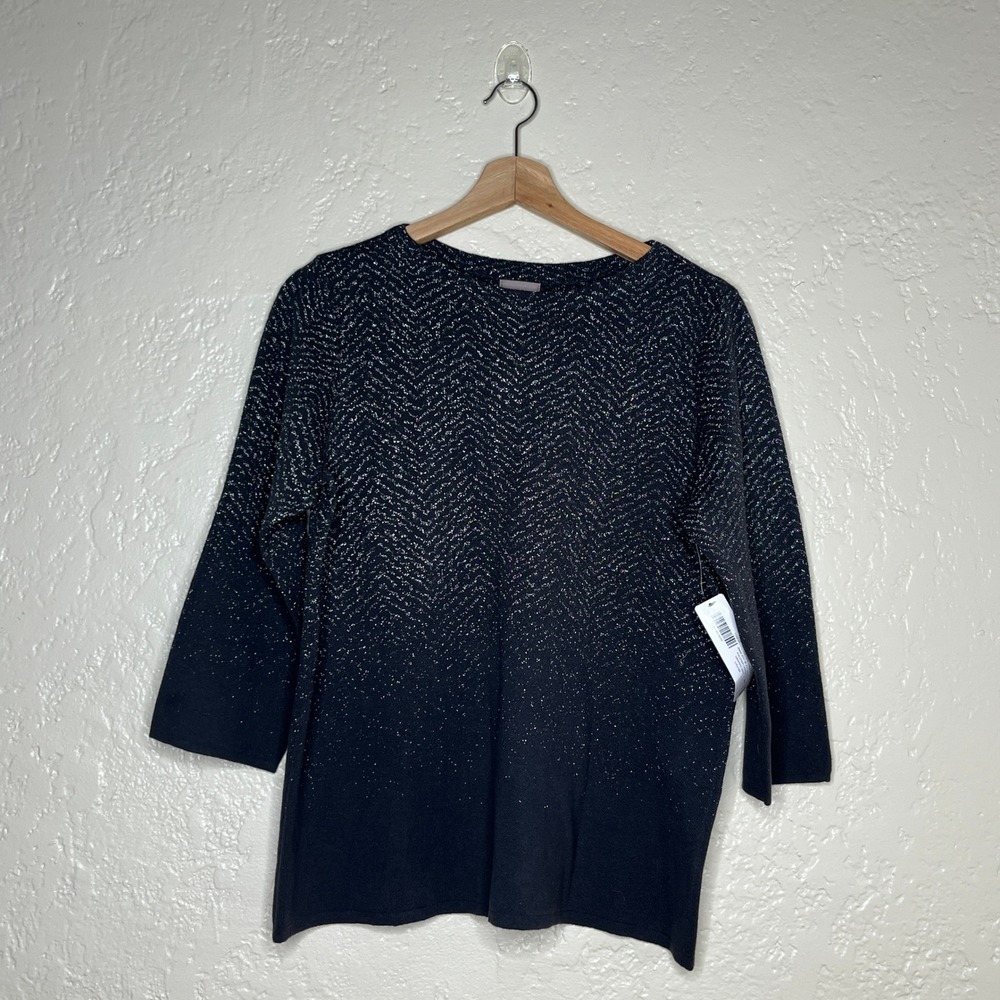 Chico's Chevron Lurex Ombre Boat Neck Pullover Graphite Gray Silver Metallic 1 M